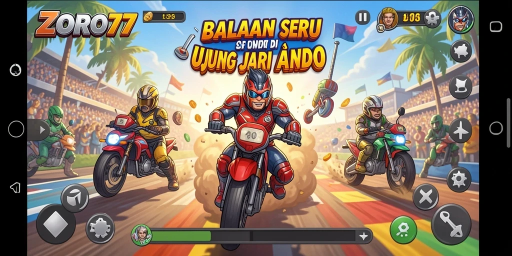Tampilan gameplay menegangkan di lintasan balap ZORO77.